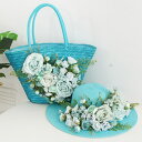 かごバッグ 麦わら帽子 セット ブルー 水色 フラワー バラ 薔薇 花 お花 カゴバッグ 夏バッグ カゴバック かごバック 軽量 おしゃれ 上品 大人かわいい 帽子 ストローハット ハット レディース 籠 バッグ リゾート かばん オシャレ リゾート 花嫁