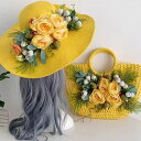 かごバッグ 麦わら帽子 セット イエロー 黄色 フラワー 花 薔薇 バラ お花 カゴバッグ 夏バッグ カゴバック かごバック 軽量 おしゃれ 上品 大人かわいい バッグ 帽子 ストローハット ハット レディース 籠 バッグ 人と被らない 他と被らない