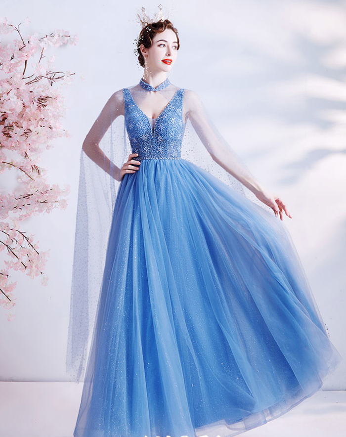 ANGEL カラードレス 肌透け ラメ チュール ビーズ スパンコール マント袖付き 背中編上げ Aライン ロングドレス ブルー 水色 ロング ドレス パーティードレス 20代 30代 40代 ウエディング 二次会 謝恩会 可愛い 華やか お洒落