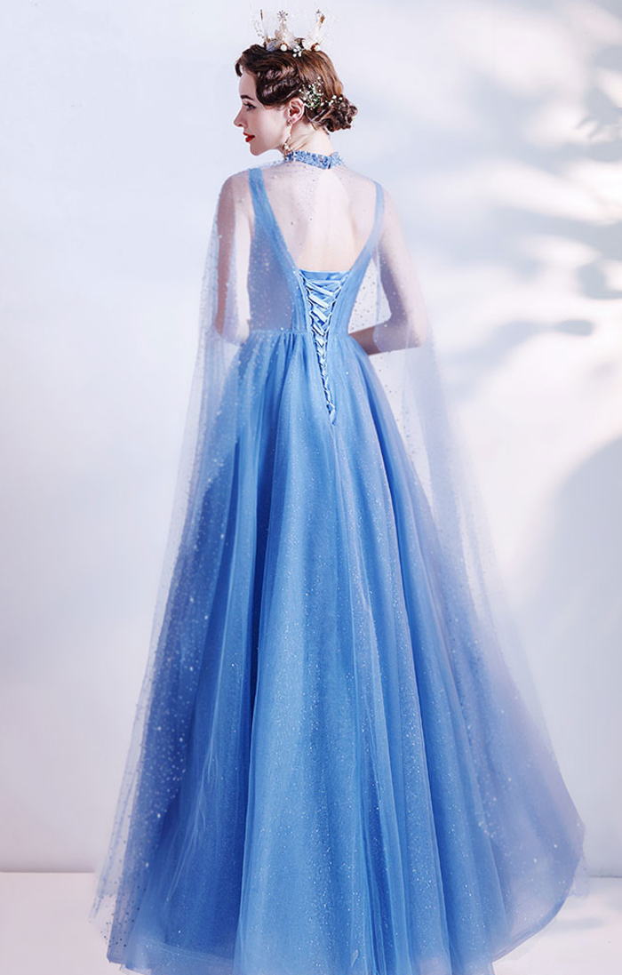 ANGEL カラードレス 肌透け ラメ チュール ビーズ スパンコール マント袖付き 背中編上げ Aライン ロングドレス ブルー 水色 ロング ドレス パーティードレス 20代 30代 40代 ウエディング 二次会 謝恩会 可愛い 華やか お洒落