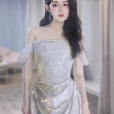 ANGEL カラードレス 新作 オフショルダー ラメ 半袖 背中編上げ Aライン ロングドレス グレー 灰色 シルバー 銀色 ロング ドレス パーティードレス ...