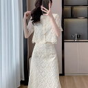 スカートセットアップ レース 金ボタン 半袖 トップス フレア ロング スカート スーツ ベージュ 生成 セットアップ お嬢様 大きいサイズ 上品 着痩せ 小顔...