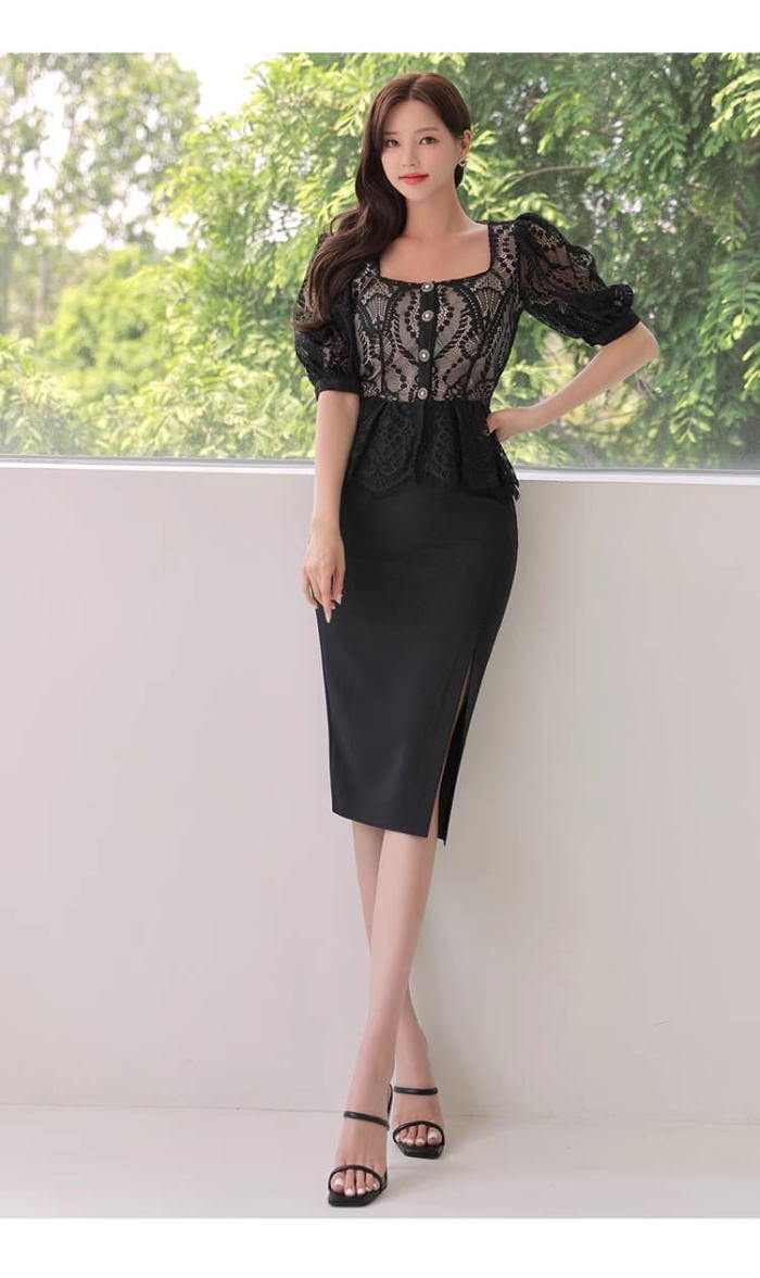 スカートセットアップ レース フリル パール 五分袖 トップス ハイウエスト タイト ミモレ スカート スーツ 黒 セットアップ お嬢様 大きいサイズ 上品 着痩せ 小顔 おしゃれ カジュアル 結婚式 レディース フォーマル 体型カバー きれいめ 大人 お呼ばれ