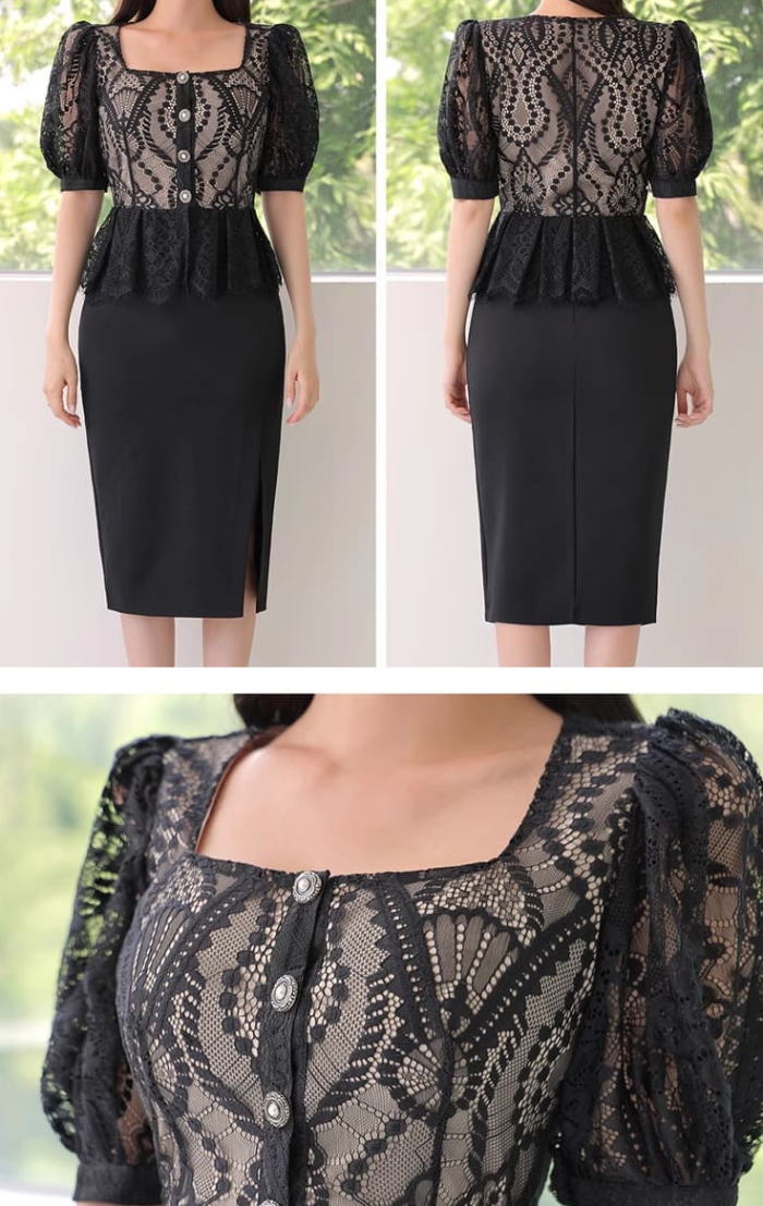 スカートセットアップ レース フリル パール 五分袖 トップス ハイウエスト タイト ミモレ スカート スーツ 黒 セットアップ お嬢様 大きいサイズ 上品 着痩せ 小顔 おしゃれ カジュアル 結婚式 レディース フォーマル 体型カバー きれいめ 大人 お呼ばれ