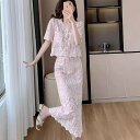 スカートセットアップ 総レース パフスリーブ 半袖 トップス ハイウエスト タイト ロング スカート スーツ ピンク セットアップ お嬢様 大きいサイズ 上品 ...
