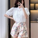 パンツセットアップ スタンドカラー レース 半袖 トップス 花柄 ショートパンツ スーツ 白 ベージュ 生成 セットアップ お嬢様 大きいサイズ 上品 着痩せ ...
