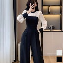 オールインワン バイカラー シフォン リボン 長袖 ハイウエスト ロングパンツ オールインワン コンビネゾン サロペット ロンパース ベージュ 生成 ブラック ...