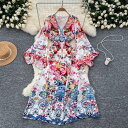 ワンピース 花柄 Vネック フリル フレアスリーブ 長袖 Aライン ロング ワンピース ホワイト 白 上品 きれいめ 大きいサイズ オシャレ 20代 30代 着痩せ 小顔 結婚式 レディース フォーマル 体型カバー 大人