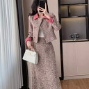 スカートセットアップ 襟 ツイード 長袖 ジャケット フレア ロング スカート スーツ ピンク セットアップ お嬢様 大きいサイズ 上品 着痩せ 小顔 おしゃれ...