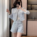 パンツセットアップ ノーカラー パール ツイード 長袖 ジャケット ショートパンツ スーツ 水色 ピンク セットアップ お嬢様 大きいサイズ 上品 着痩せ 小顔...