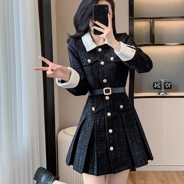 パーティドレス ワンピース ツイード 襟 ベルト プリーツ パフスリーブ 長袖 Aライン ミニ ロング ワンピース ブラック 黒 上品 きれいめ 大きいサイズ オシャレ 20代 30代 40代 50代 着痩せ 小顔 結婚式 レディース フォーマル 体型カバー 大人