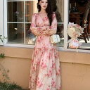 ワンピース 花柄 Vネック シャーリング フリル パフスリーブ 長袖 パーティドレス Aライン ロング ワンピース ピンク 上品 きれいめ 大きいサイズ オシャレ 20代 30代 40代 50代 着痩せ 小顔 結婚式 レディース フォーマル 体型カバー 大人