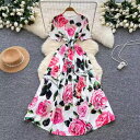 ワンピース バラ柄 花柄 半袖 Aライン ロング ワンピース ピンク ホワイト 白 上品 きれいめ 大きいサイズ オシャレ 20代 30代 着痩せ 小顔 結婚式 レディース フォーマル 体型カバー 大人