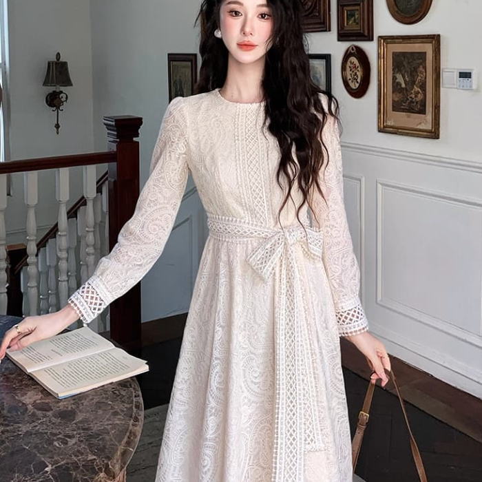 ワンピース きれいめ 総レース リボン パフスリーブ 長袖 Aライン パーティドレス ロング ワンピース ベージュ 生成 上品 オシャレ 20代 30代 40代 50代 着痩せ 小顔 結婚式 レディース フォーマル 体型カバー 大人のサムネイル