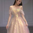 ALICE カラードレス ラメ チュール オフショルダー スパンコール 背中編上げ Aライン ロングドレス オーロラ ゴールド 金色 ロング ドレス パーティー...
