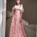 ALICE ベアトップ スパンコール リボン 背中編み上げ Aライン ロングドレス ピンク ロング ドレス パーティードレス Aラインドレス 他と被らない 人と...