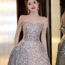 ALICE ベアトップ ビジュー スパンコール 背中編上げ Aライン ロングドレス シルバー 銀色 ロング ドレス パーティードレス Aラインドレス 他と被らな...