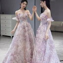 ALICE オフショルダー チュール フラワー スパンコール 背中編上げ Aライン ロングドレス ラベンダー 紫 ロング ドレス パーティードレス Aラインドレ...