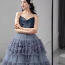 ALICE チュール ベロア ベアトップ チュール フリル 背中編上げ Aライン ロングドレス ブルー 青 ロング ドレス パーティードレス Aラインドレス 他...
