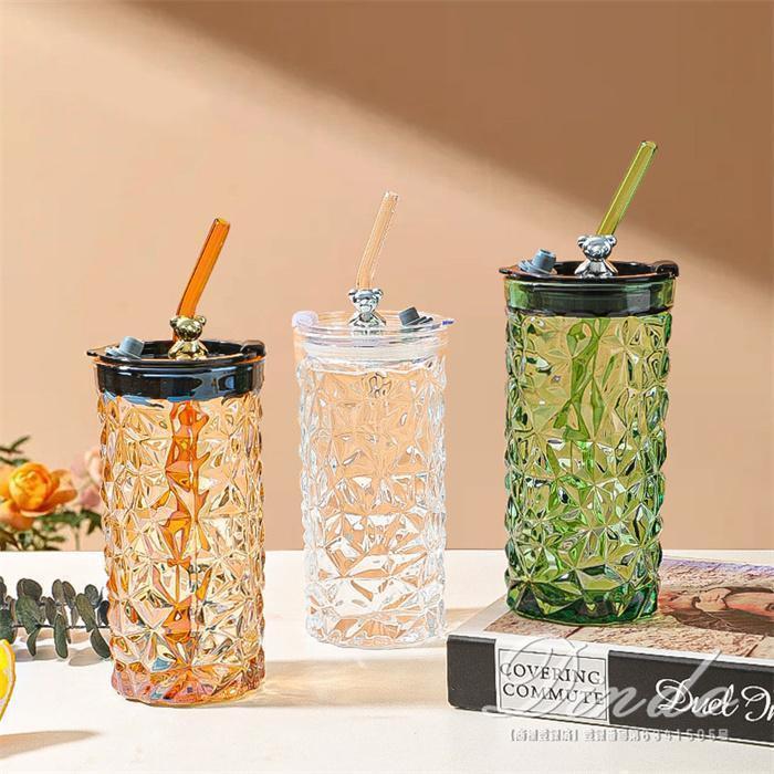グラス カップ400ml 耐熱ガラス マグカップ 透明 ストロー ボトル 水筒 コーヒーカップ グラスコップ ..