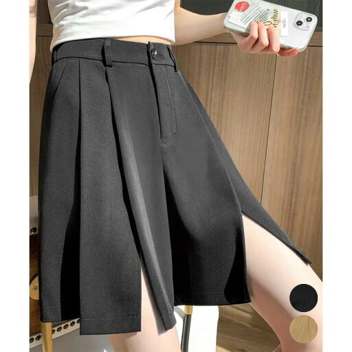 レディーススーツ風ショートパンツスリット イージーパンツ脚長 無地 ハイウエスト 楽ちんパンツ 美脚 レディーススーツ風ショートパンツスリット イージーパンツ脚長 無地 ハイウエスト 楽ちんパンツ 美脚