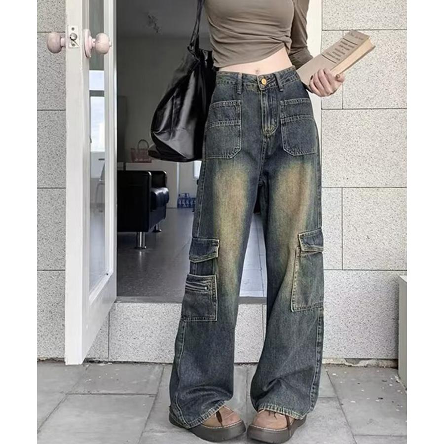 ウォッシュデニムカーゴパンツ レディース ヴィンテージ古着風 ハイウエストズボン ビンテージ デニム