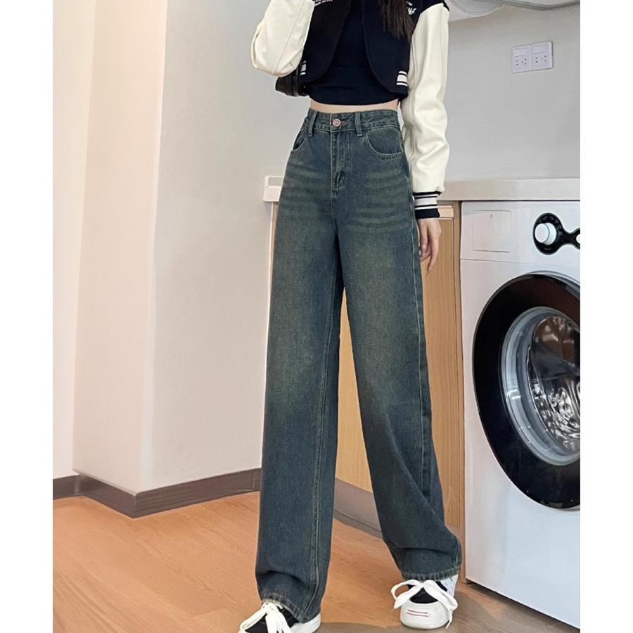 ヴィンテージデニムパンツ レディース カジュアルジーンズ ユーズド加工デニム 体型カバー ズボン