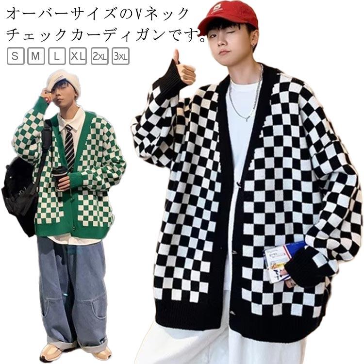 【スーパーSALE限定】カーディガン メンズ チェック ビッグシルエット 長袖 トップス Vネック オーバーサイズ 羽織り アウター 学生 ニット セーター ニットカーデ
