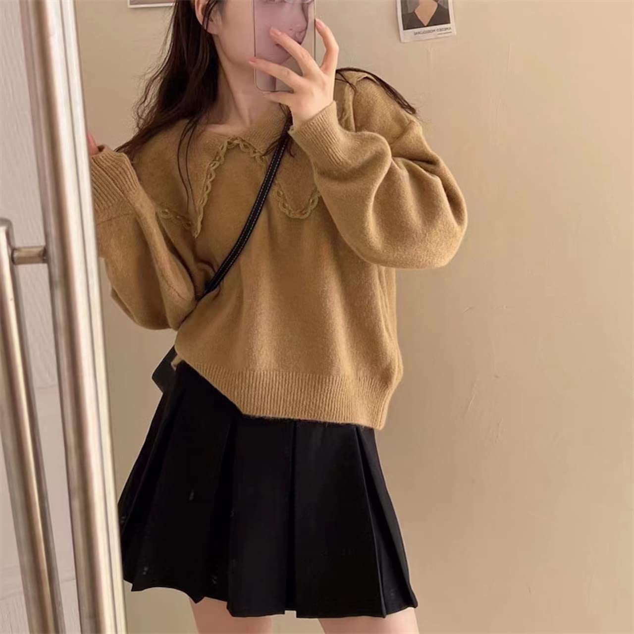 襟付きセーター レディース ニットセーター ニットトップス インナーセーター 冬トップス トップス スリット カジュアル 長袖 可愛い おしゃれ ゆったり レトロ 部屋着 通学 4色 春秋(4)