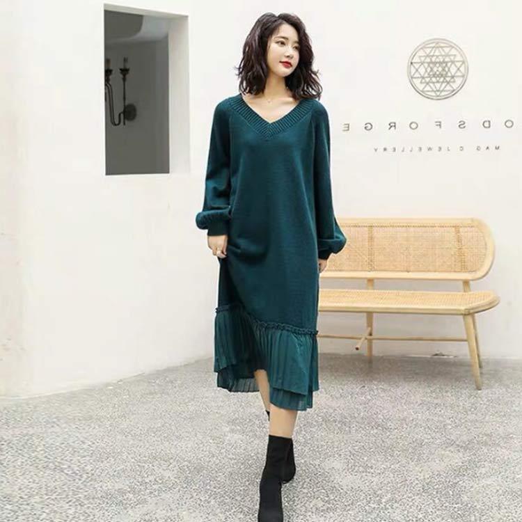 ニットワンピース ニット ワンピース レディース 秋冬 春 Vネック 長袖 パフスリーブ ロングワンピース きれいめ 厚手 ゆったり 大きいサイズ