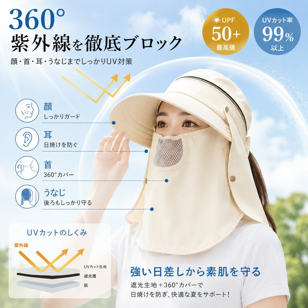 サンバイザー レディース 帽子 農作業 4way 帽子 日除け uvカット 日焼け防止 マス...
