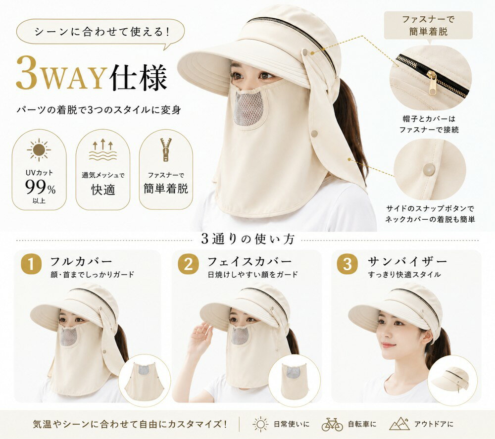 サンバイザー レディース 帽子 農作業 4way 帽子 日除け uvカット 日焼け防止 マス...
