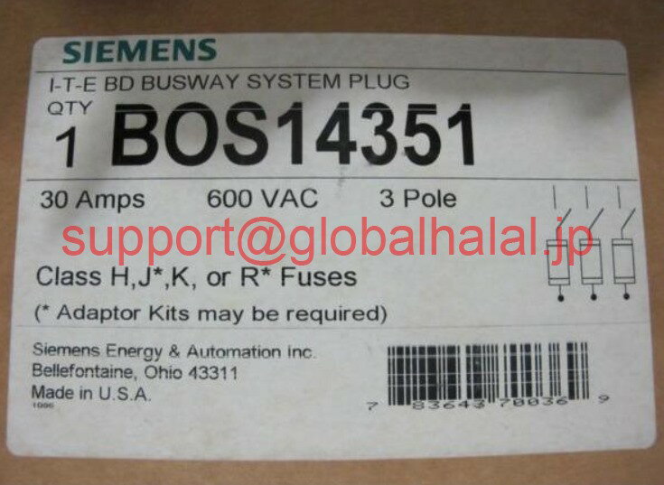 楽天Global Halal Japan新品【東京発★適格請求書★税込】シーメンス ITE Siemens BOS14351 30 Amp, 600 Volt Bus Plug-【6ヶ月保証】