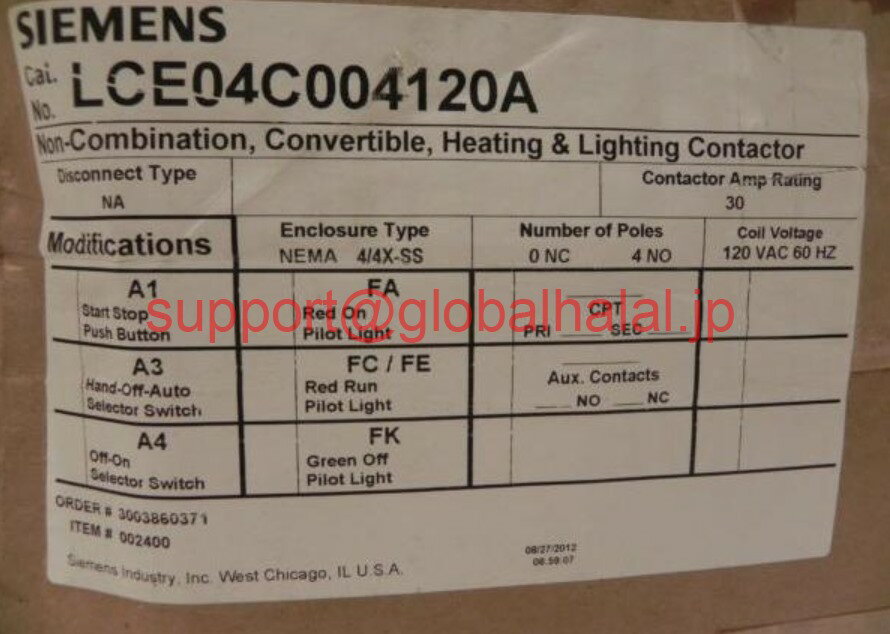 楽天Global Halal Japan新品【東京発★適格請求書★税込】シーメンス Siemens 4 Pole 30 Amp Lighting Contactor Stainless Steel Nema 4X LCE04C004120A【6ヶ月保証】