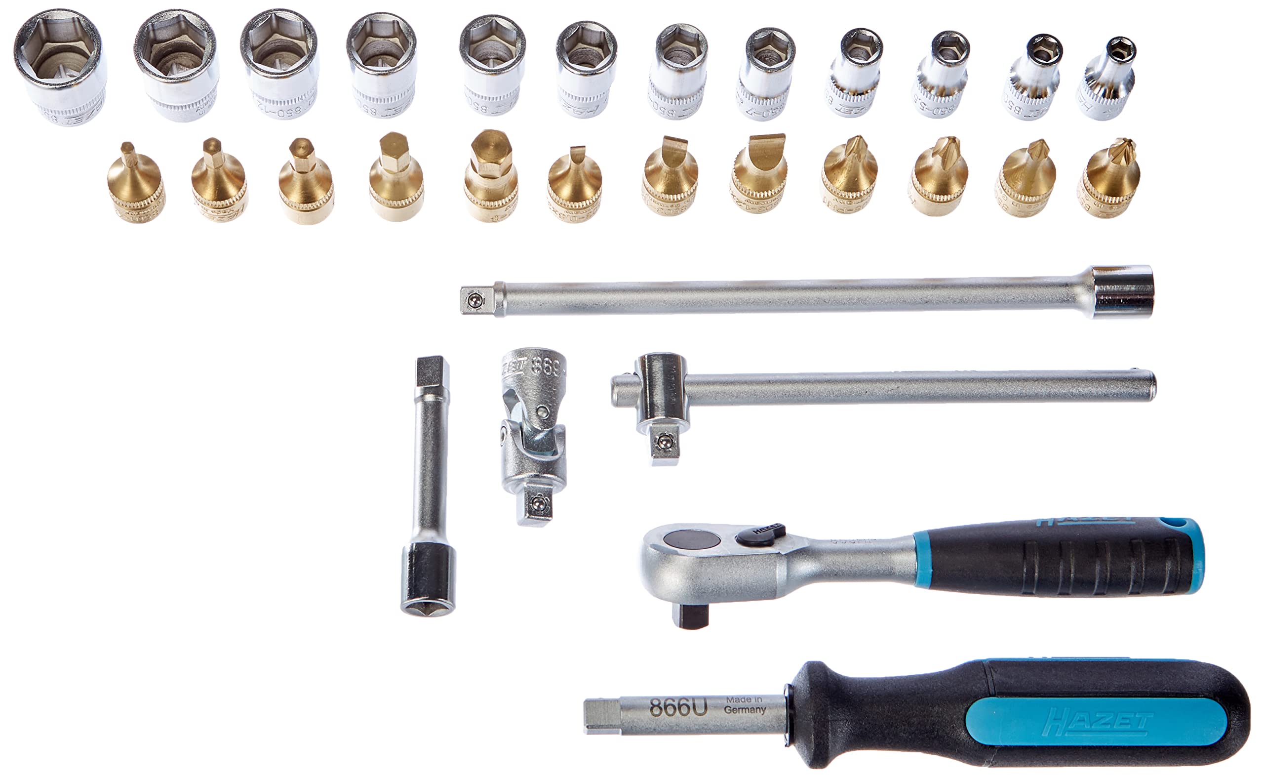 HAZET(ハゼット) 854 ソケットレンチセット 1/4インチ 30点セット CVD-TINコーティング 六角/四角ソケット ドイツ製 工具セット ラチェット ドライバー 自動車整備 メンテナンス DIY 修理工具 作業工具 整備工具 プロ仕様 ブルーケース付き【日本正規輸入品】