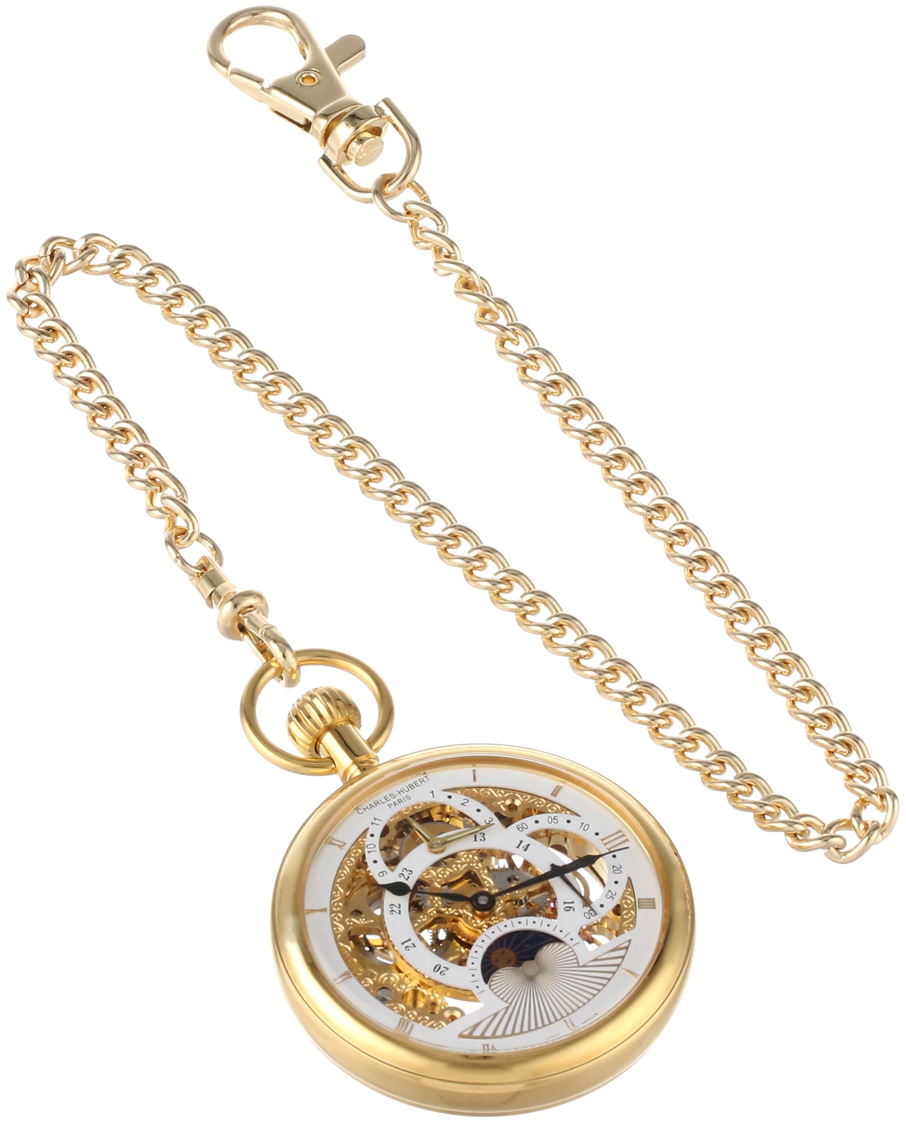 Charles-Hubert- Paris Stainless Steel Gold-Plated Mechanical Open Face Dual Time Zone Pocket Watch #3816