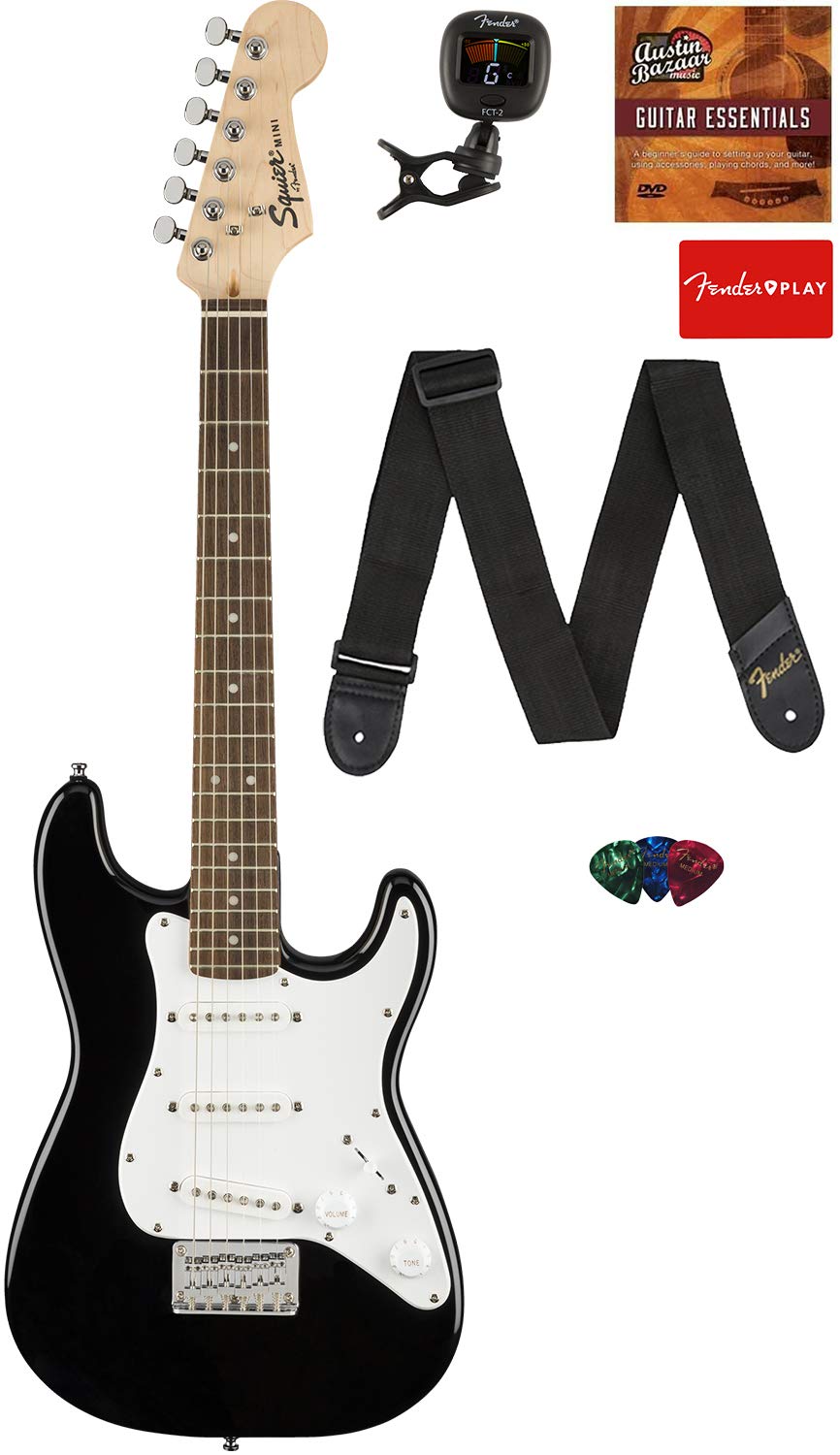 Squier スクワイヤー (スクワイア) by Fender フェンダー Mini Strat エレキギター Bundle with ストラップ チューナー Picks and Polishing Cloth - Black エレキギター エレクトリックギター （並行輸入）