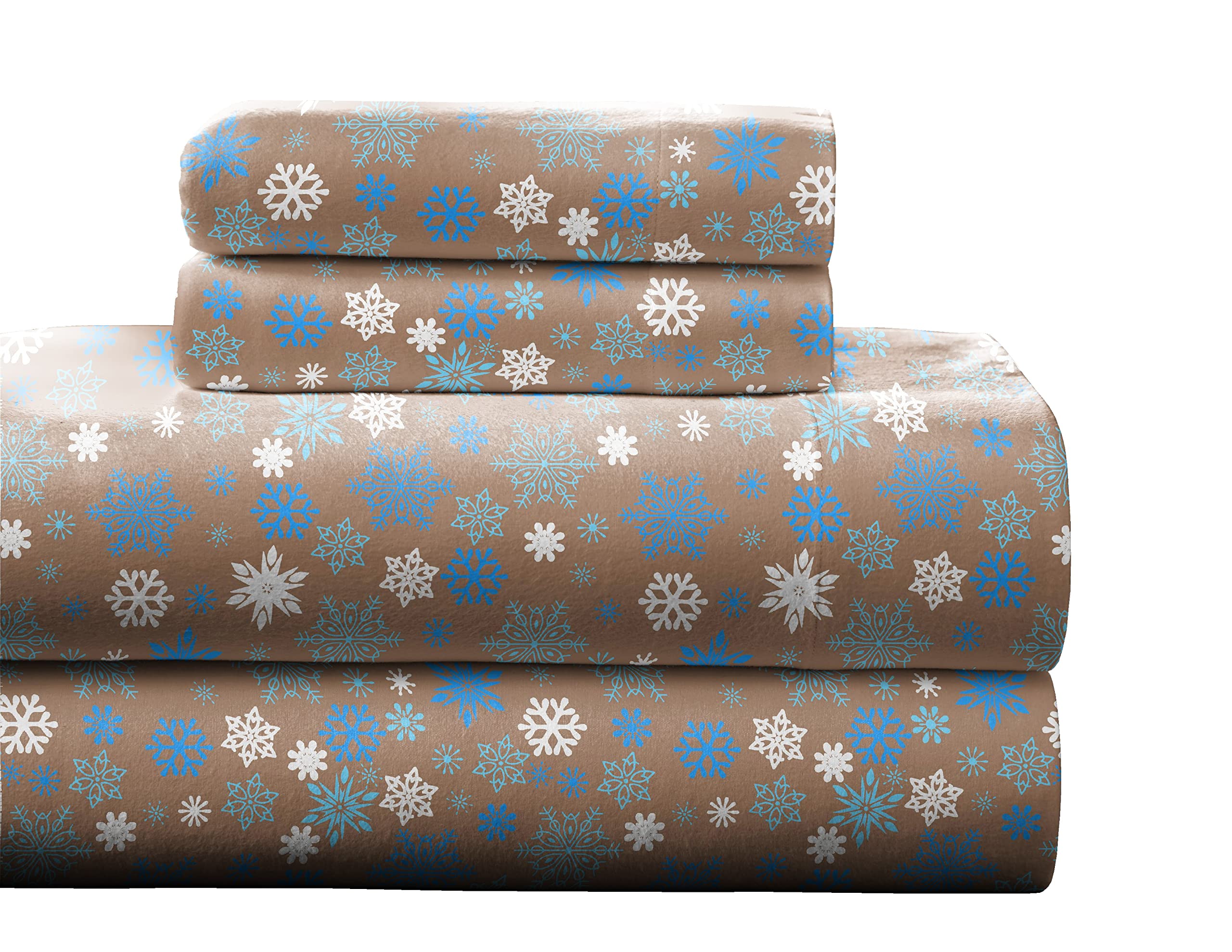 (King Snow Flakes Tan) - Pointehaven Heavy Weight Printed Flannel King Sheet Set Snow Flakes Tan