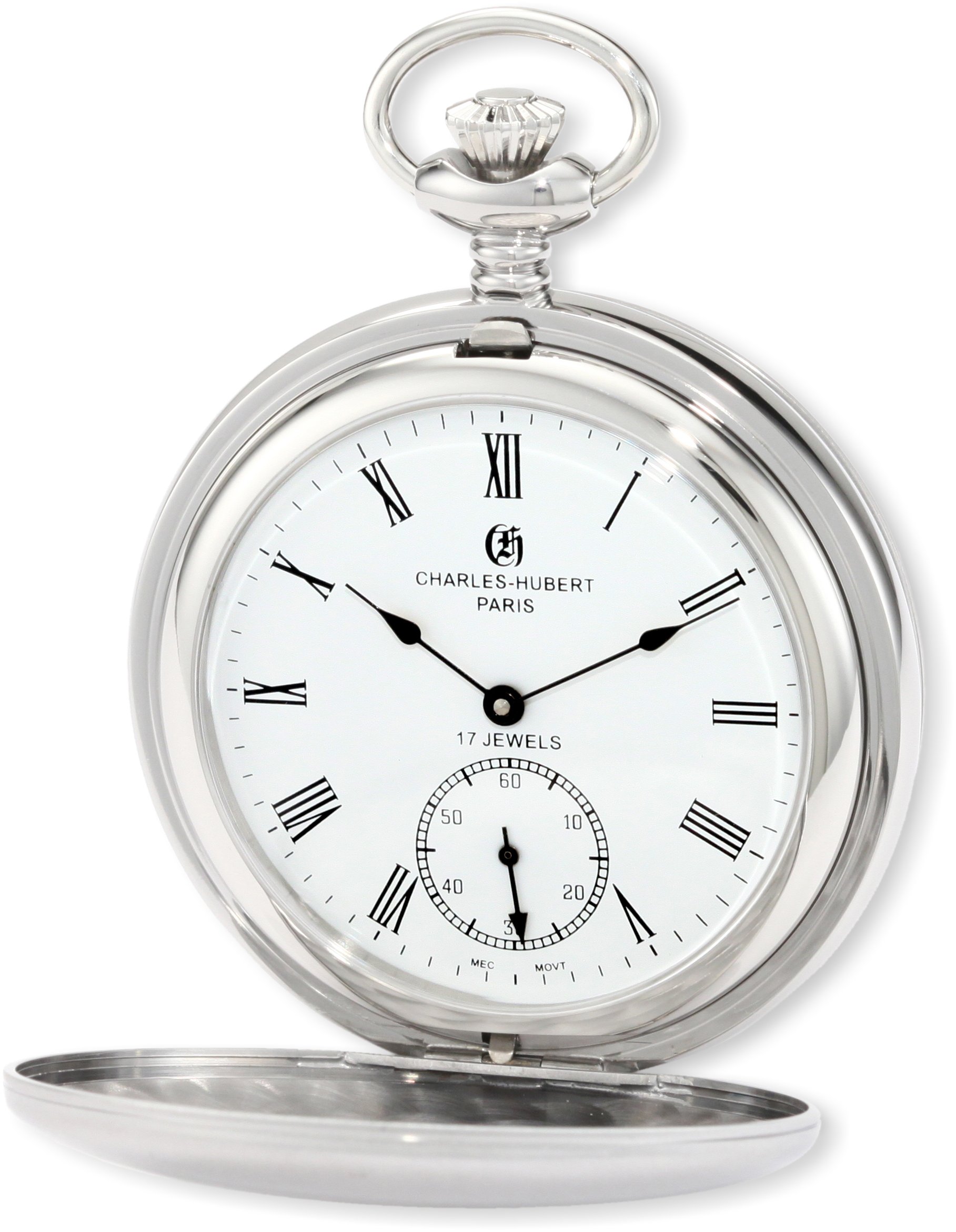 Charles-Hubert Paris 3908-WR Brushed Finish Stainless Steel Double Cover Mechanical Pocket Watch
