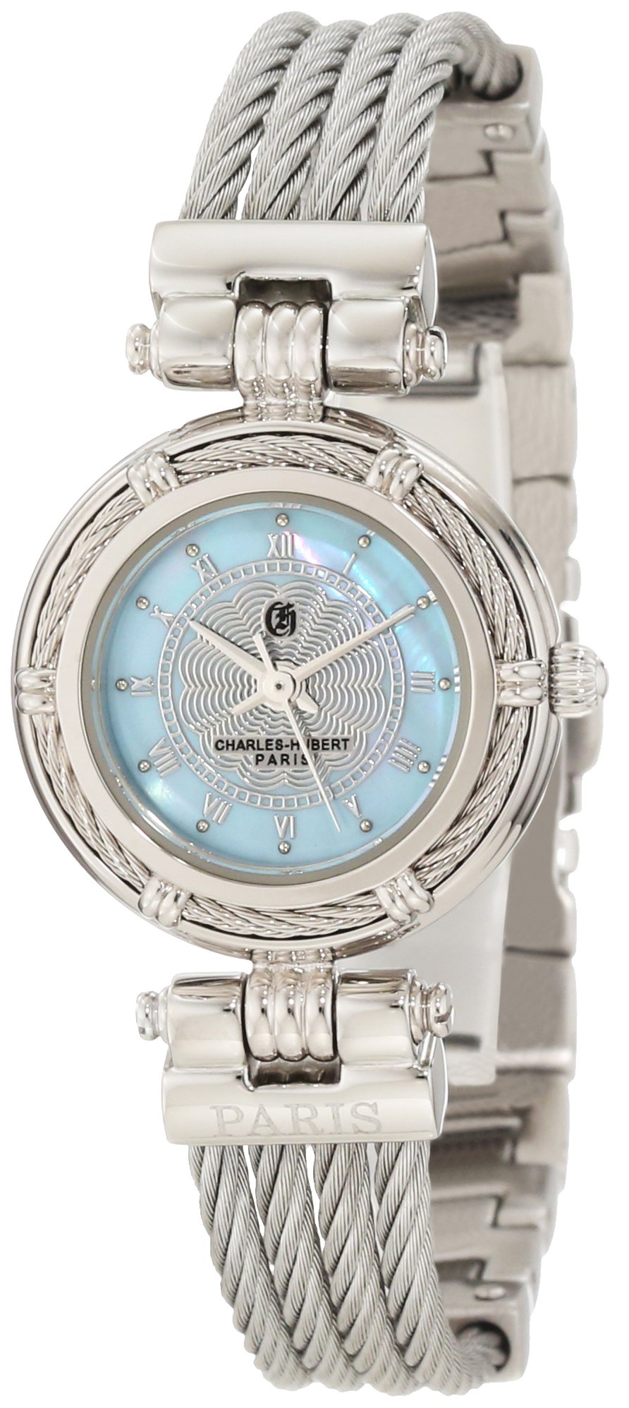 Charles-Hubert Paris 6779-W Chrome Finish Light Blue MOP Dial with Stainless Steel Wire Bangle W..