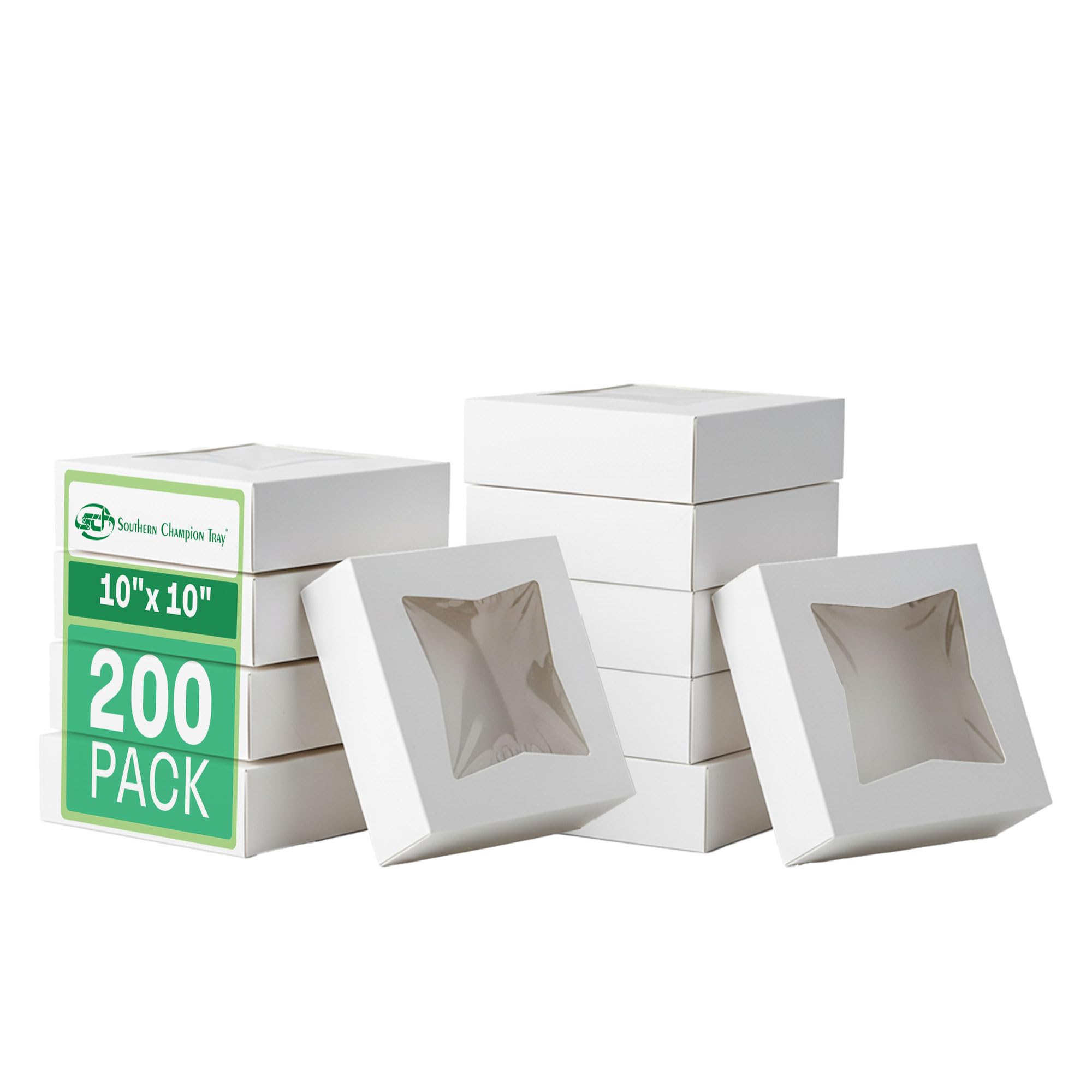 Southern Champion Tray 24233 Paperboard White Window Bakery Box 10 Length x 10 Width x 2-1/2 Height (Case of 200)