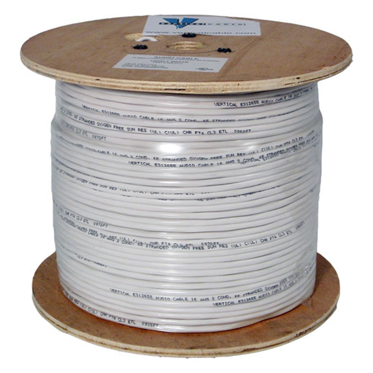 オーディオケーブル 16ゲージ 2コンダクター 65ストランド 1000フィート PVCジャケット 木製スプール ホワイト