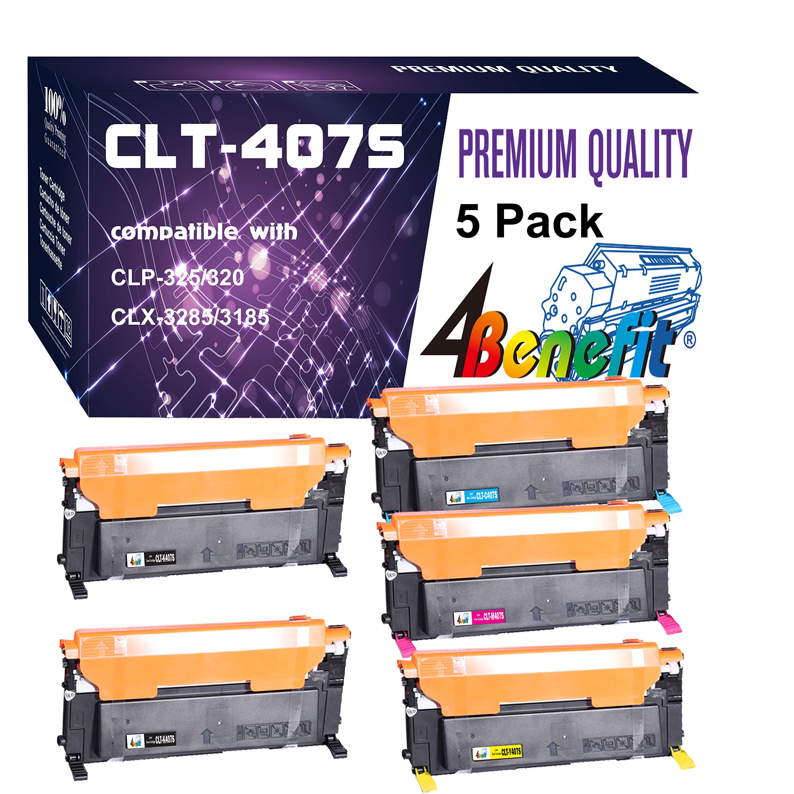 4Benefit 5 Pack Compatible Toner cartridges for CLP-320 Toner Cartridges CLP-320 CLT-K407S CLT-C407S CLT-M407S CLT-Y407S Replacement for CLP-320 Black Cyan Magenta Yellow Combo Set