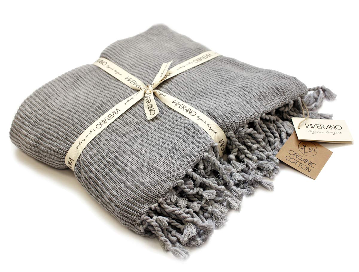 100%オーガニックコットンニットスローブランケット タッセル付き (70インチx80インチ) ソフト ストレ..