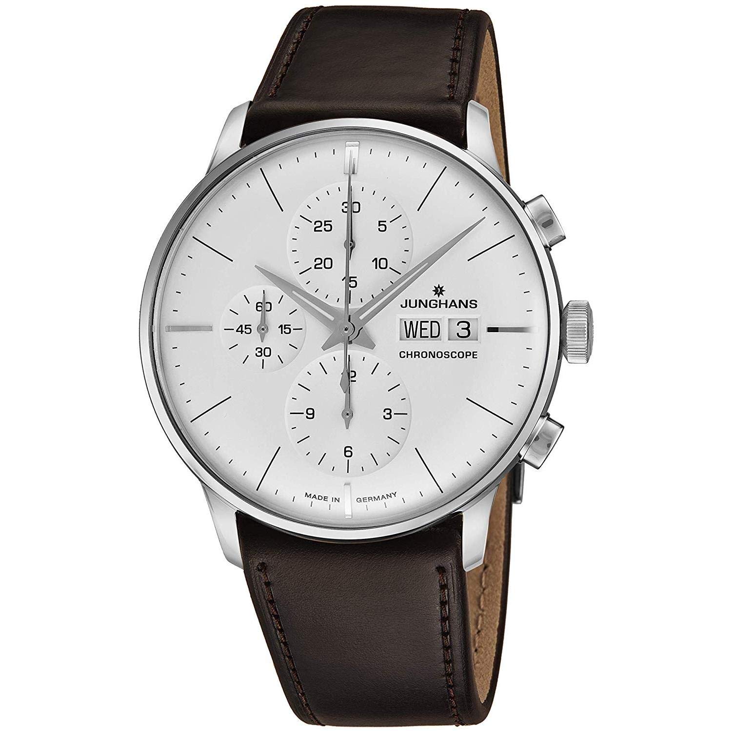 Junghans Meister クロノスコープ メンズ 曜日日付 自動クロノグラフウォッチ - 40mm アナログ シルバーフェイス 夜光針 - ステンレススチール バーガンディ レザーバンド 高級腕時計 ドイツ製 027/4120.01