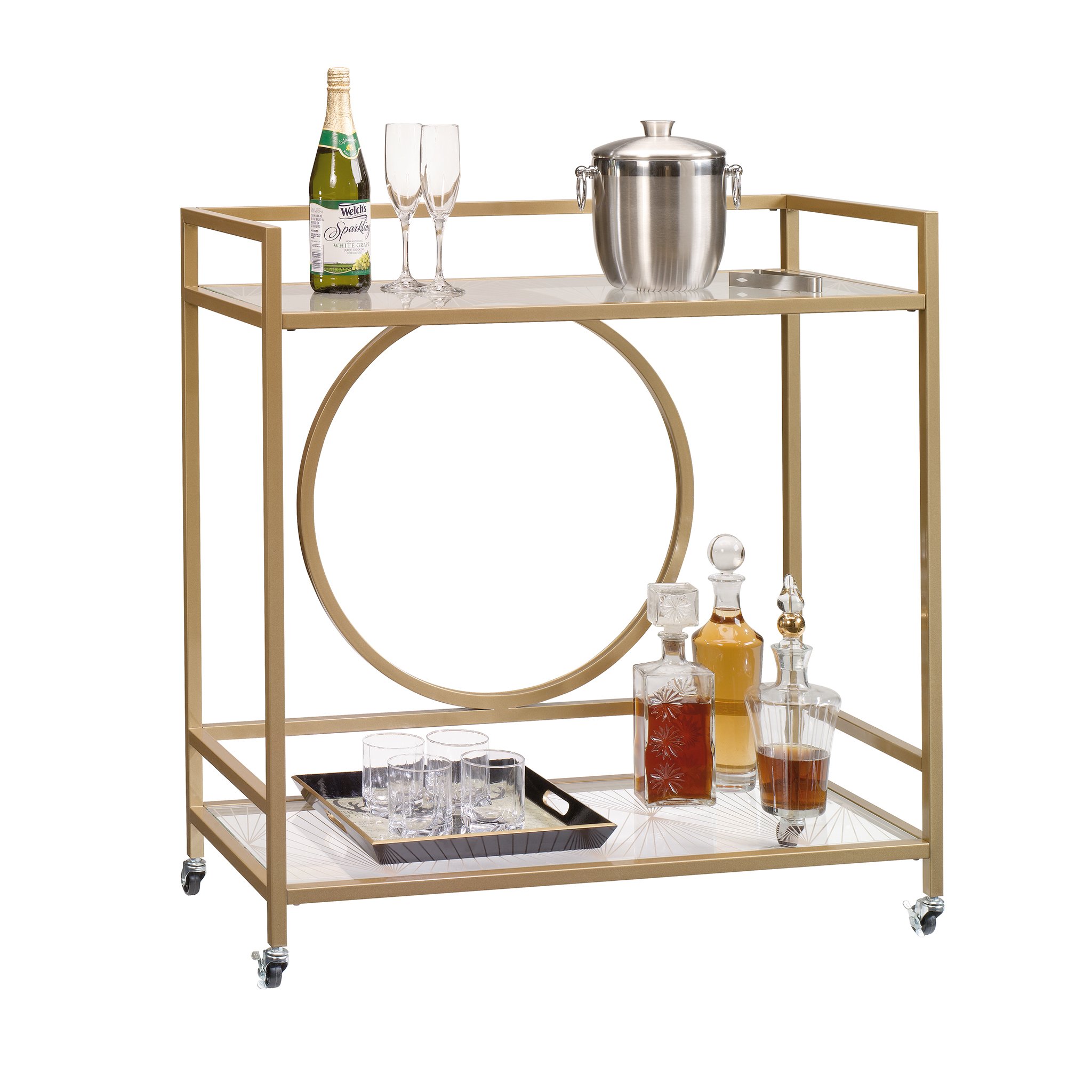 Sauder 417828 International Lux Bar Cart Glass/Satin Gold Finish 141［並行輸入］
