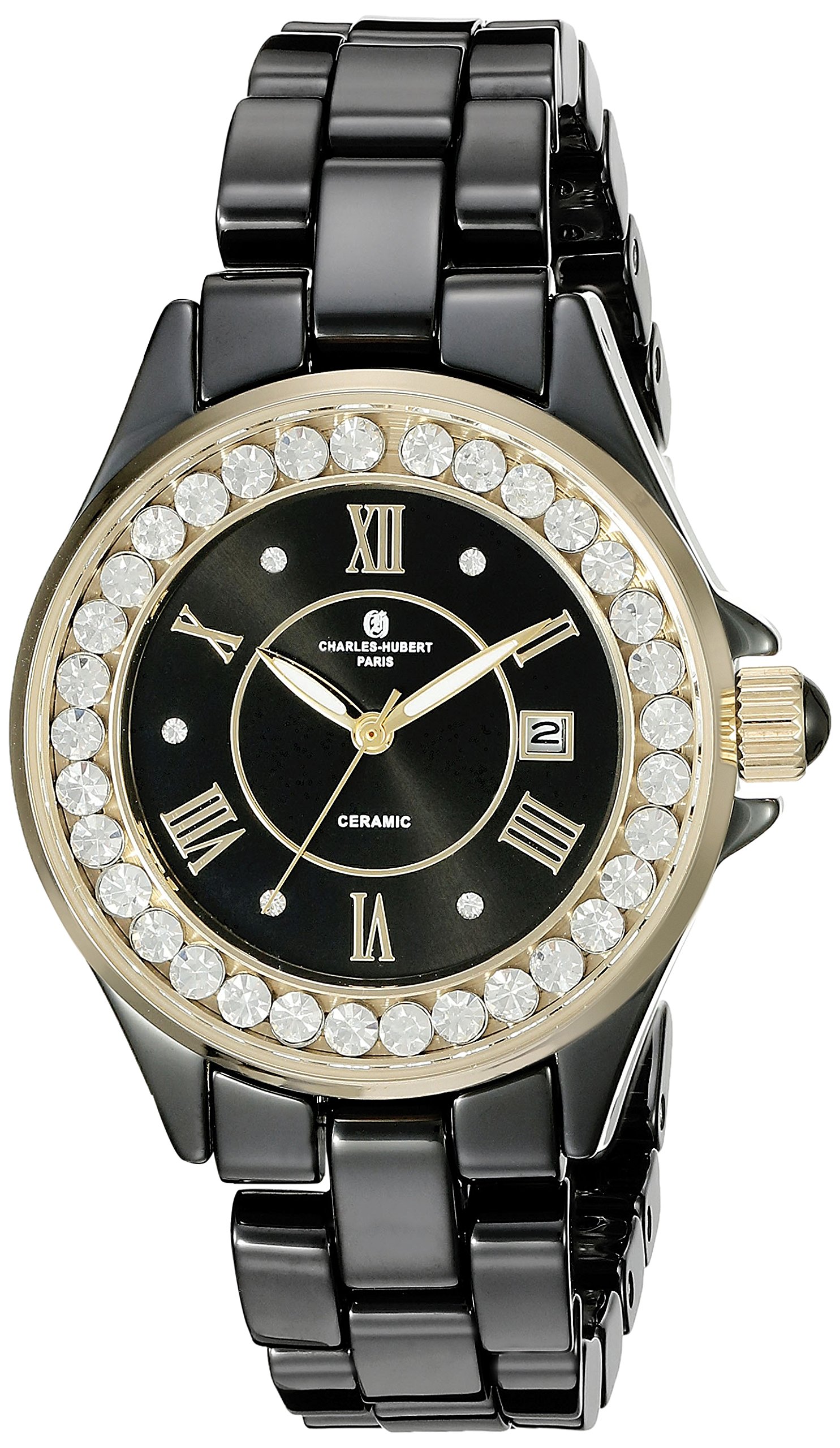Ladies Charles Hubert Crystal Bezel Black Ceramic Watch