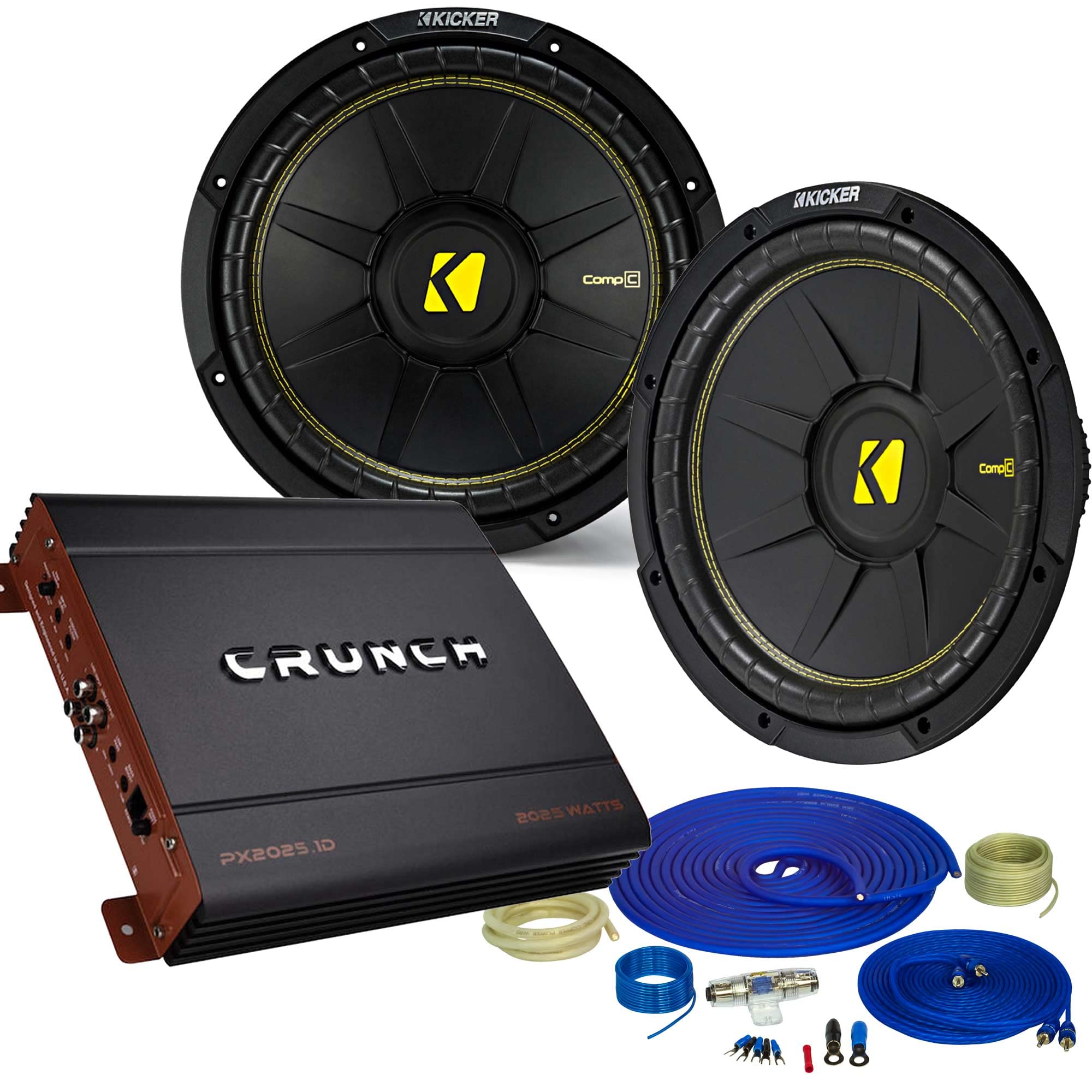 KICKER 12インチコンプサブウーファー2個とCrunch PX2000.1D 最大2000ワットアンプ アンプワイヤーキットパッケージ