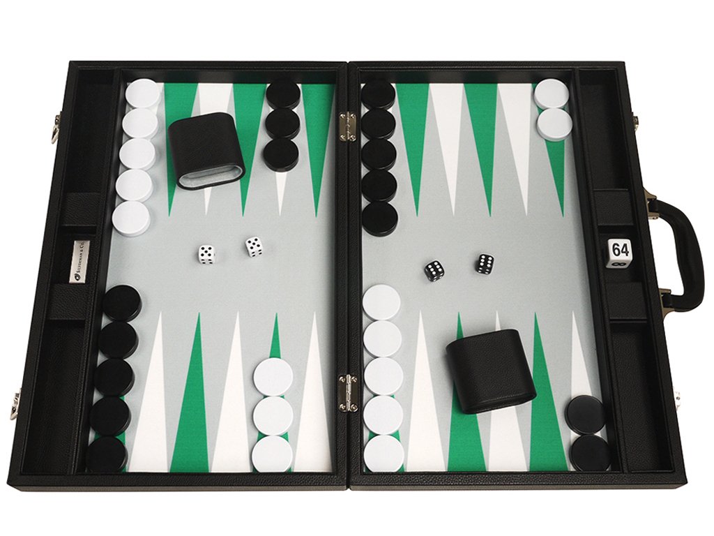 19-inch Premium Backgammon Set - Large Size - Black Board White and Green Points