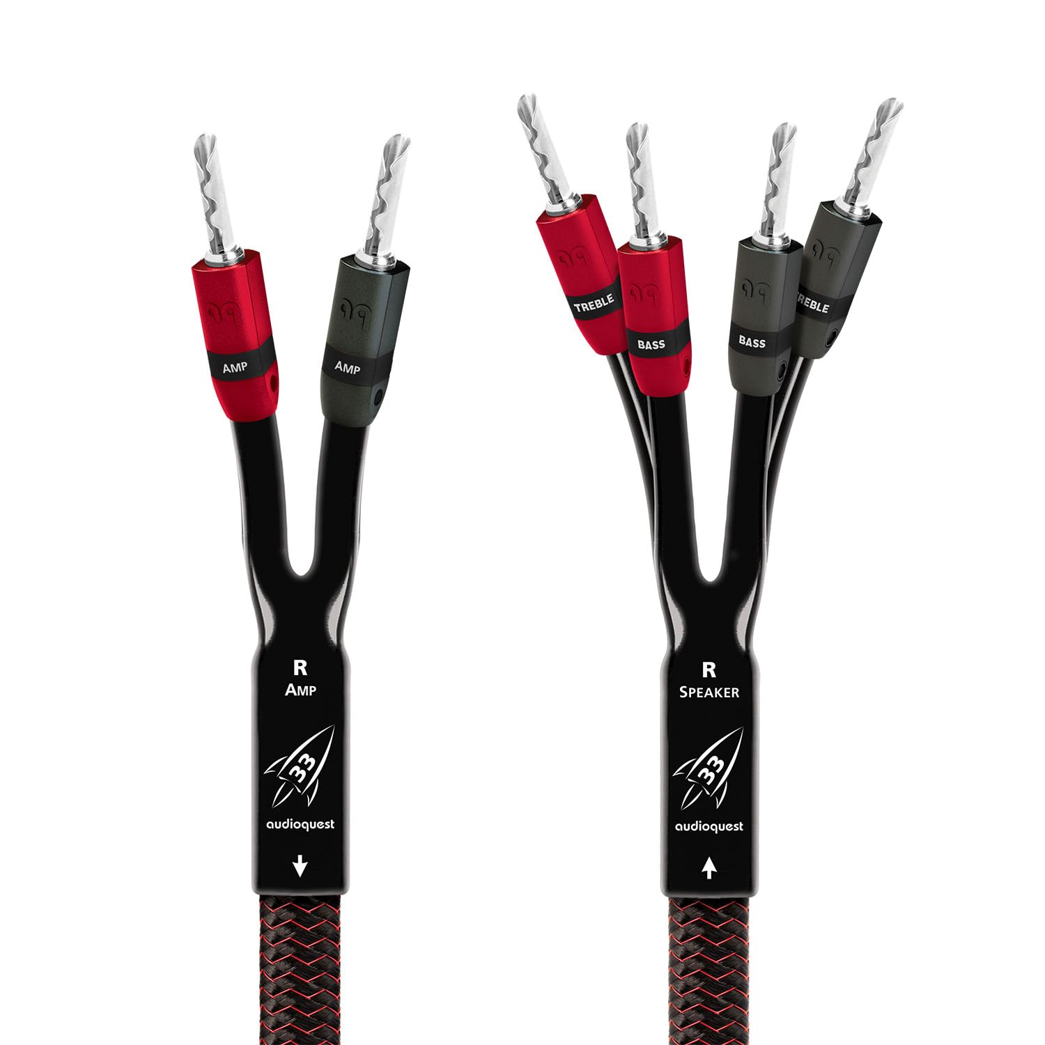 AudioQuest 15フィート ロケット33 シングル BiWire スピーカーケーブル SureGrip 300コネクター付き - シングル - オスバナナ x 2 オスバナナ x 4 - シルバー